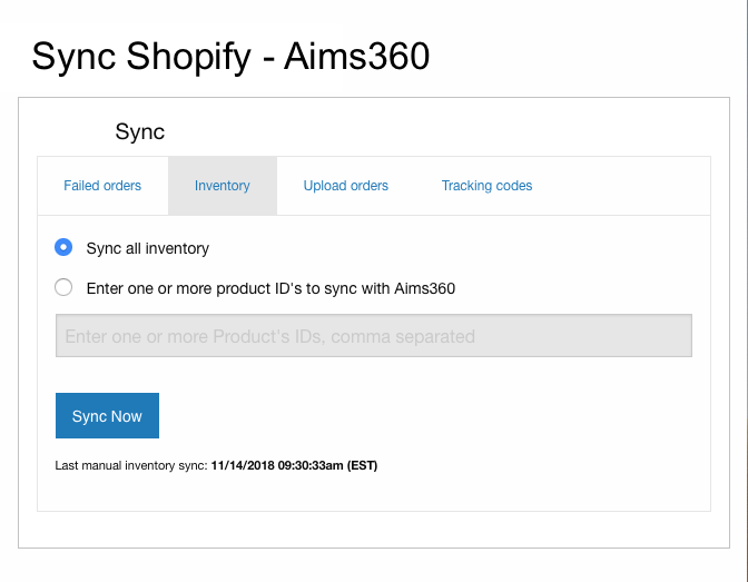 sync shopify to aims360
